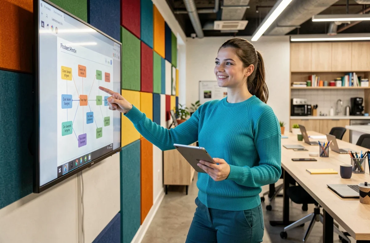 Chef de projet digitale de Pilot'in présentant une roadmap web dans un espace de co-working moderne et coloré
