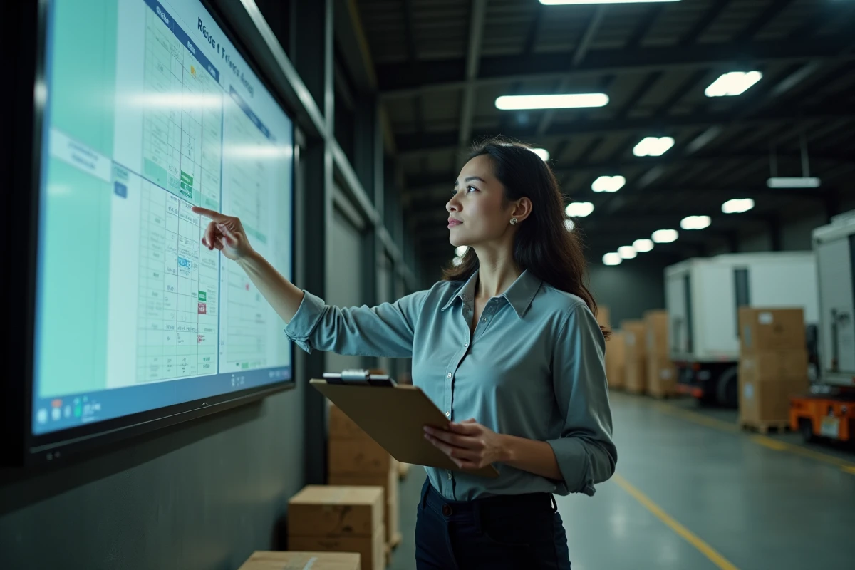 Responsable logistique féminine dans un dépôt de fret la nuit, consultant un planning d'heures de travail pour chauffeurs routiers