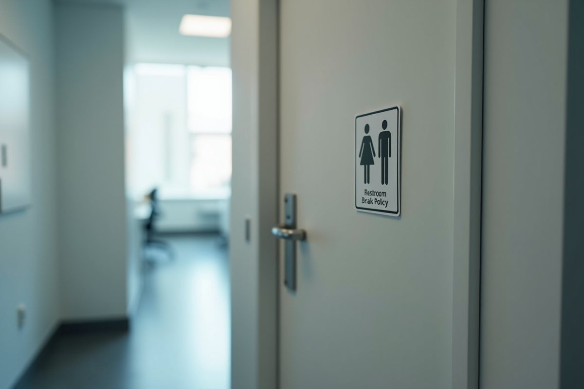 Porte de salle de bain de bureau entrouverte avec signalisation
