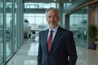 Portrait professionnel d'un dirigeant d'entreprise aéronautique en costume marine dans le hall d'un siège social moderne