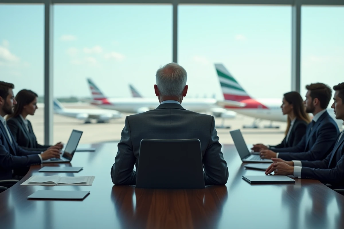 Directeur général d'Airbus en réunion stratégique dans une salle de conseil avec vue sur piste d'aéroport
