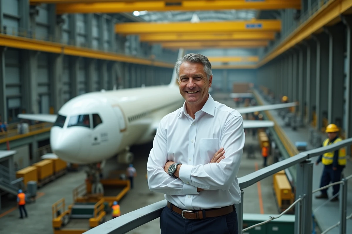 Patron d'Airbus sur la passerelle d'observation d'un hangar d'assemblage d'avions commerciaux avec ouvriers en arrière-plan