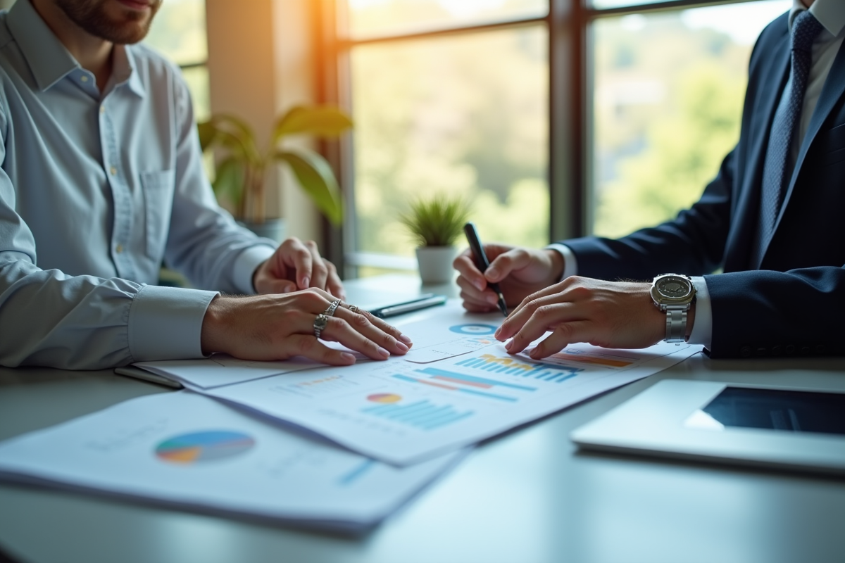Professionnel en affaires examinant des documents au bureau