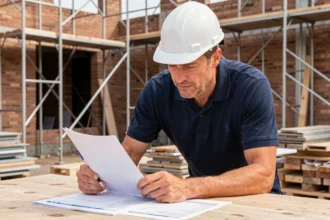 Professionnel du BTP en chantier examinant un devis de travaux détaillé sur une table en bois