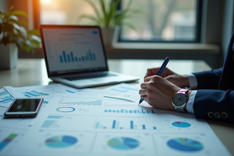 Professionnel en tenue d'affaires analysant des documents et graphiques sur la collecte de données personnelles