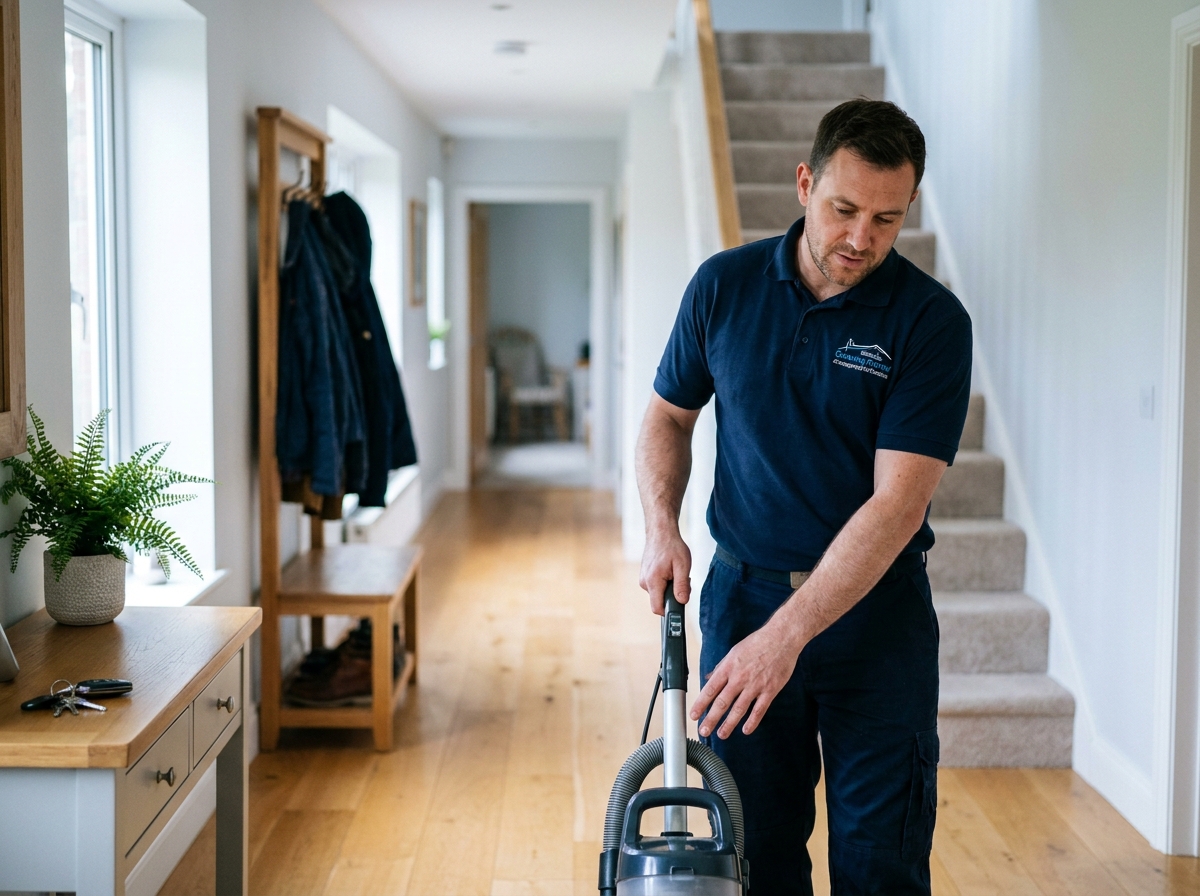 Professionnel du ménage passant l'aspirateur dans le couloir d'un domicile familial à Serris avec Centre Services