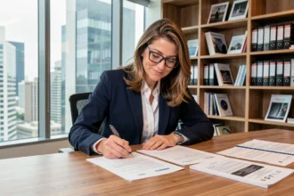Professionnelle examinant des documents de propriété intellectuelle dans un bureau moderne