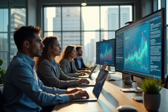 Groupe de professionnels analysant des données marketing digitales