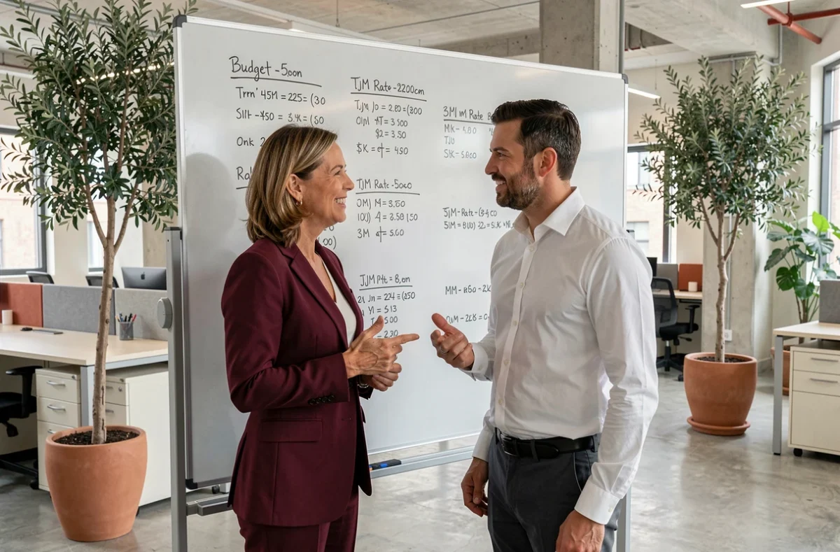 Deux professionnels en portage salarial discutant du calcul du TJM minimum devant un tableau blanc dans un bureau