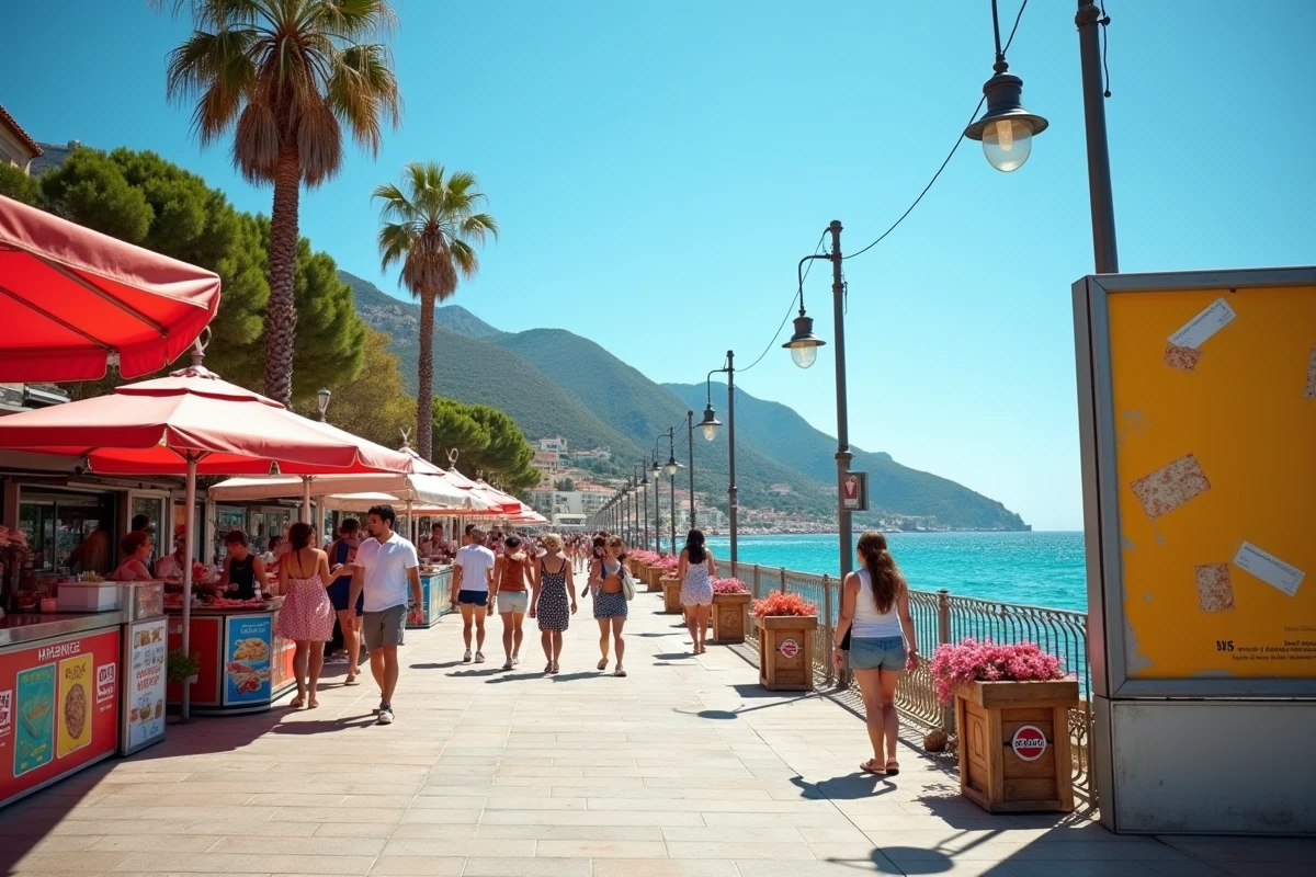 Promenade balnéaire corse en été avec stands de restauration locale et panneau publicitaire vide face à la mer, ambiance touristique estivale animée