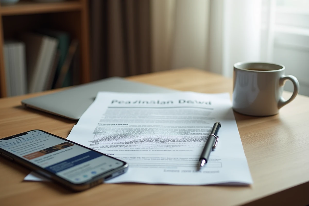 Gros plan sur un prospectus d'investissement, un smartphone et un café sur un bureau, symbolisant la recherche individuelle sur une opportunité financière