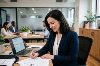 Recruteuse analysant des CV dans un bureau moderne avec un tableau de bord de recrutement numérique ouvert sur un ordinateur portable