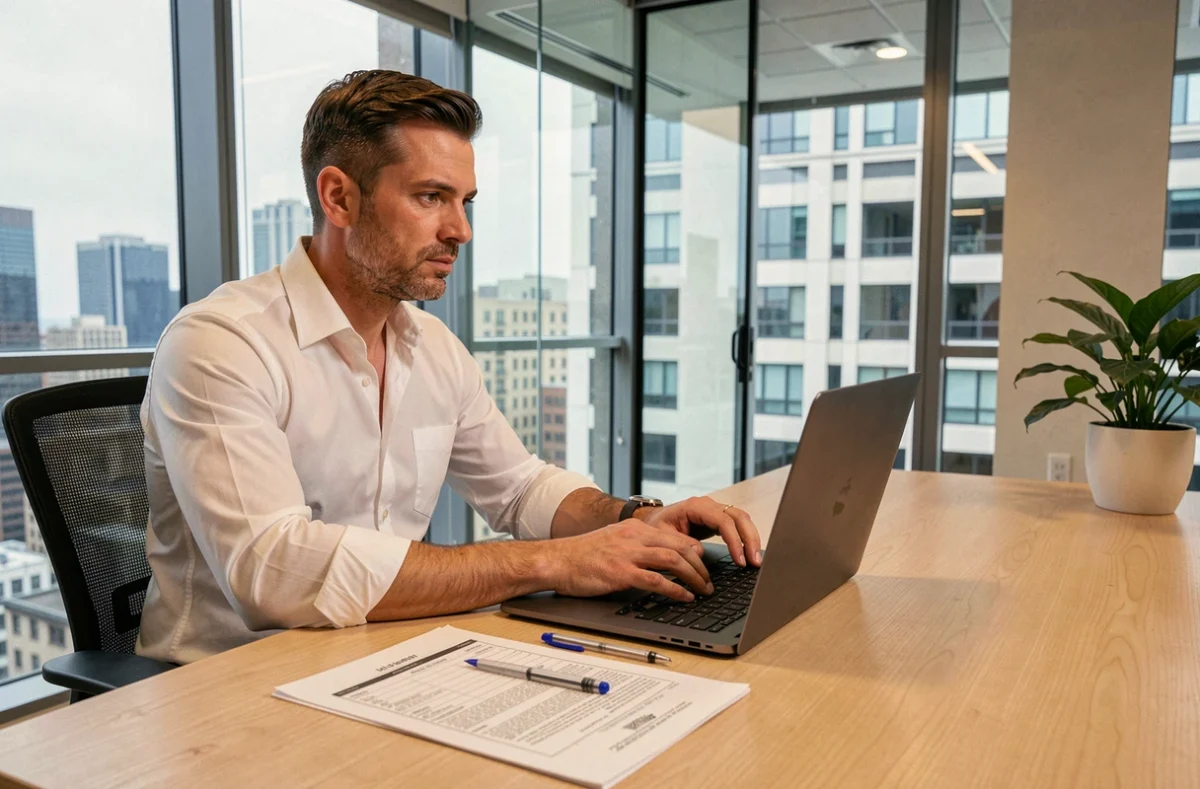 Homme en chemise blanche rédigeant une note de service sur ordinateur portable dans un bureau vitré avec vue sur la ville