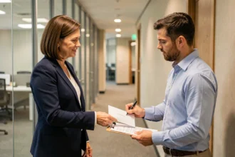 Femme professionnelle remettant une lettre en main propre contre signature à un collègue dans un couloir de bureau moderne