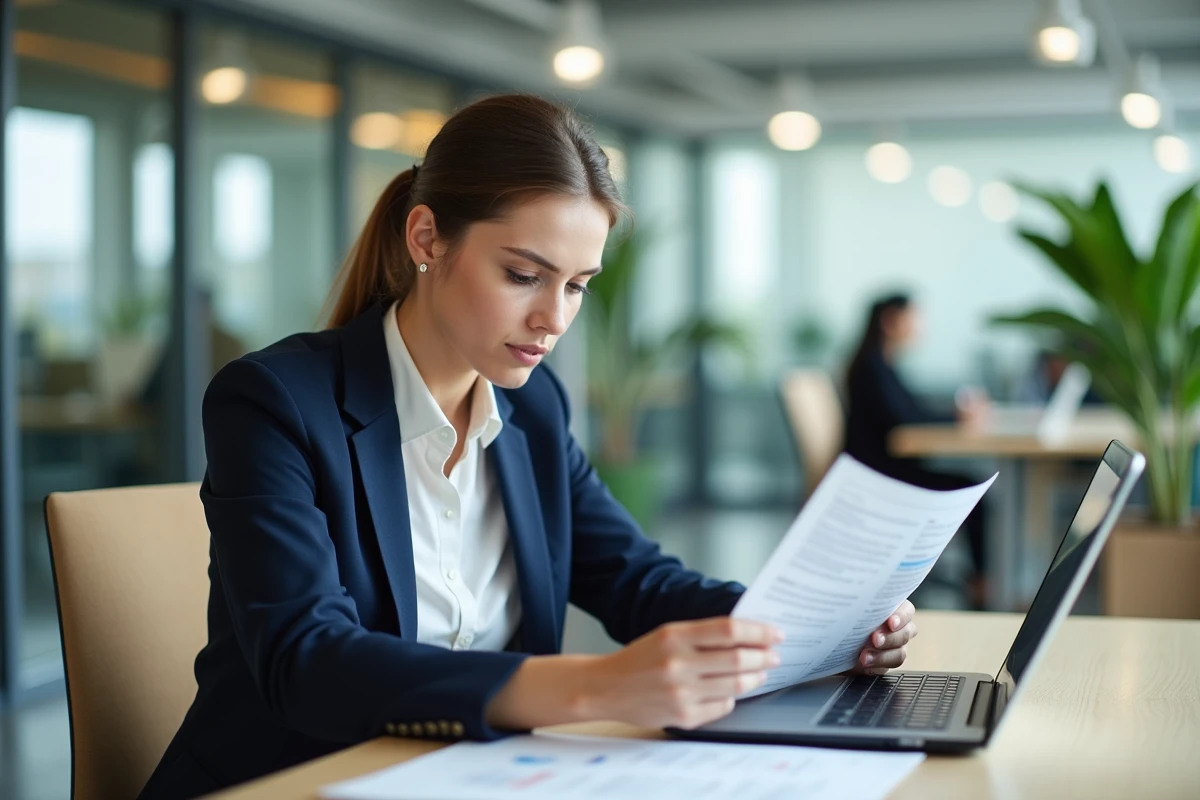 Jeune stagiaire femme en blazer marine travaillant sur un ordinateur portable dans un bureau moderne, illustrant la rémunération des stages en 2025 et 2026