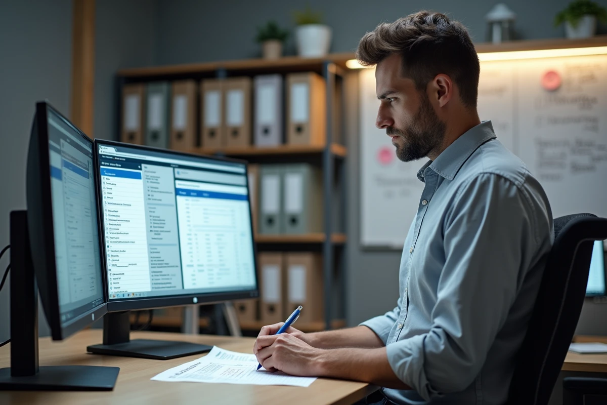 Responsable administratif annotant une check-list de tâches clés devant un poste de travail avec accès extranet professionnel