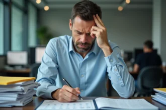 Responsable RH stressé examinant des documents sur le congé d'été obligatoire dans un bureau encombré