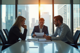 Trois professionnels en réunion d'affaires dans un bureau lumineux