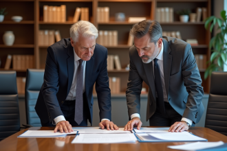 Deux professionnels en réunion d'entreprise pour la conformité