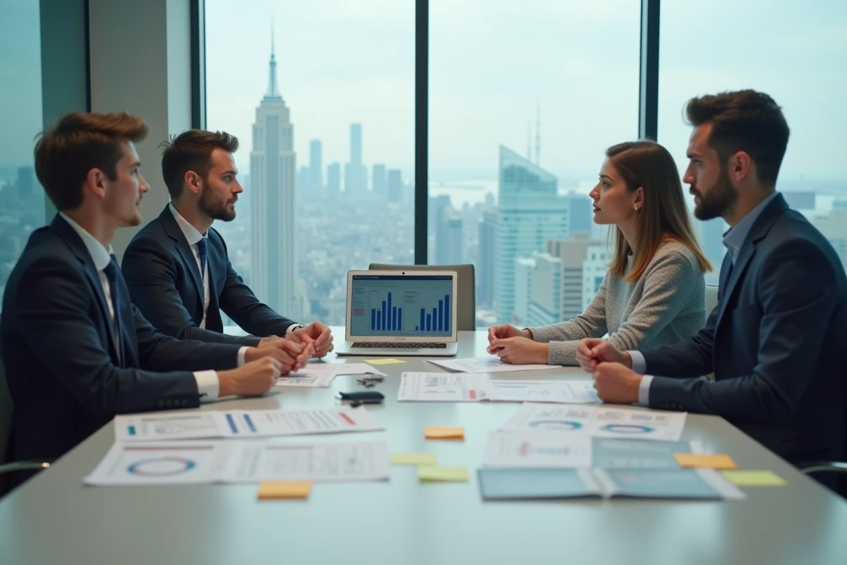 Équipe de professionnels en réunion stratégique analysant la caractérisation et le positionnement d'une entreprise