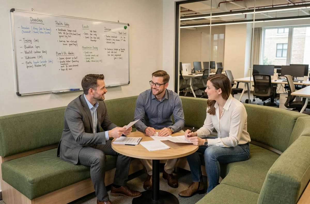 Petite équipe en réunion informelle dans un espace de coworking adapté aux petites structures à Tours