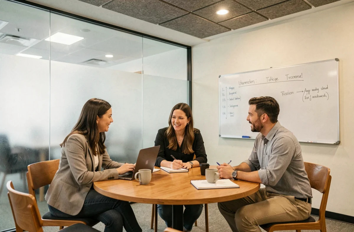 Équipe de professionnels en réunion collaborative dans une salle privatisée d'un espace de coworking