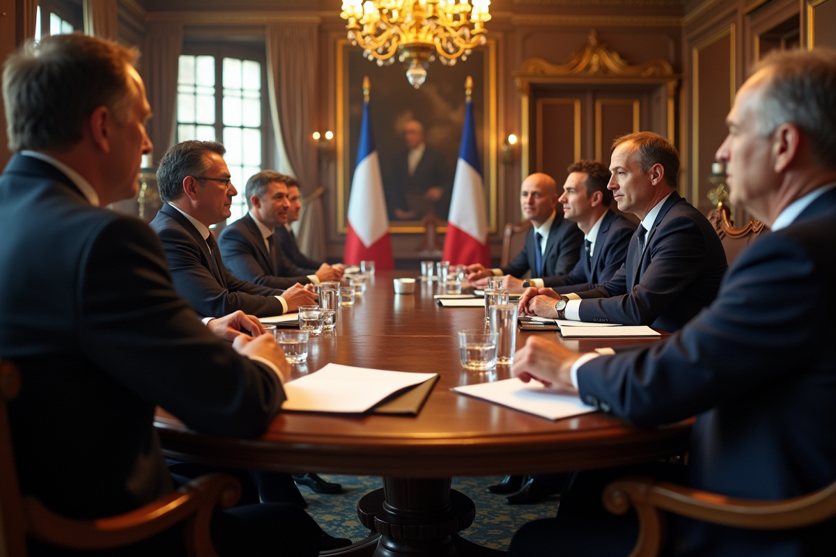Salle de réunion gouvernementale avec officiels en discussion