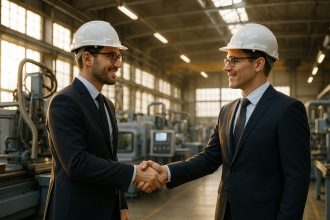Deux ingénieurs se serrant la main dans une usine moderne