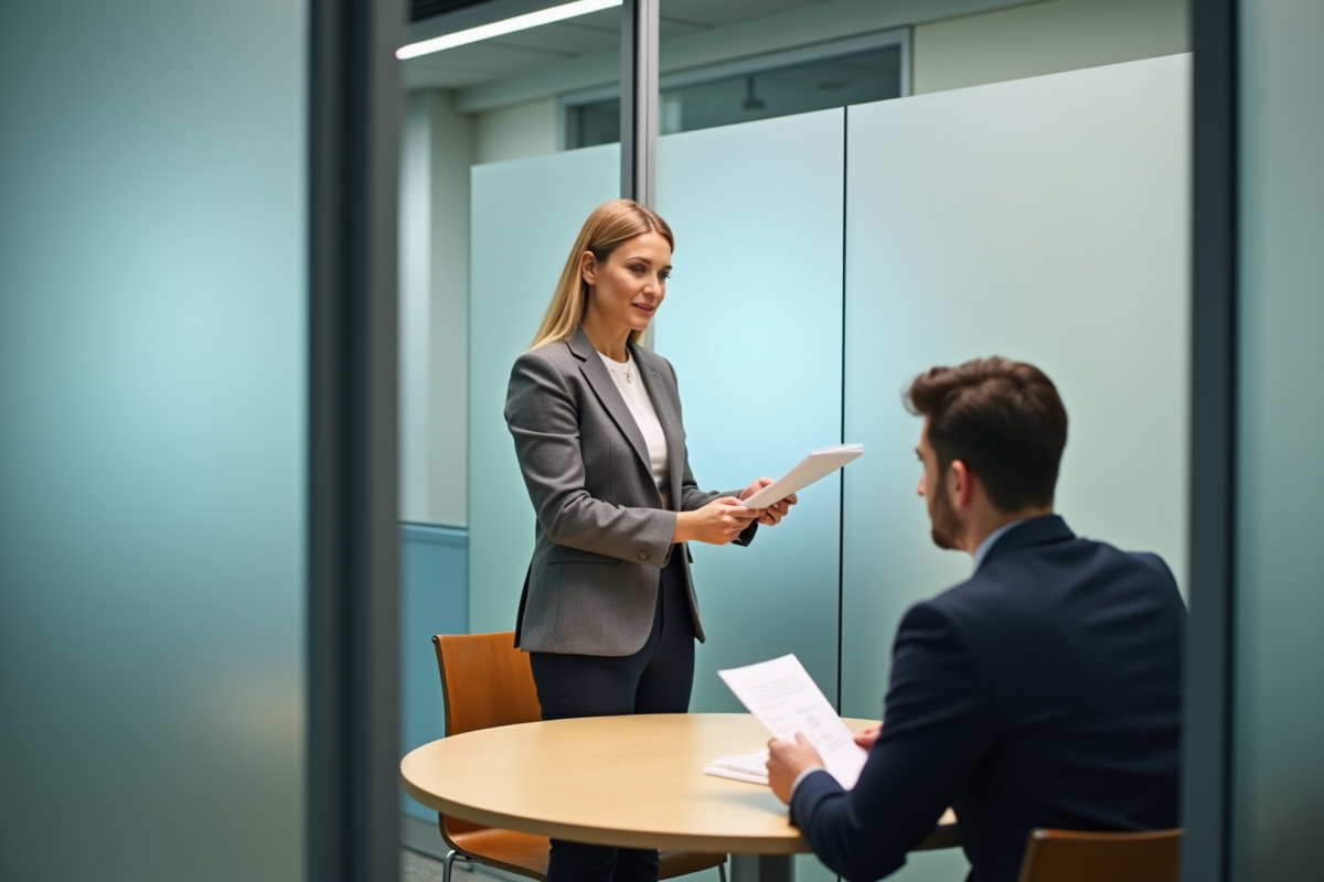 Manager féminin expliquant des papiers à un collègue