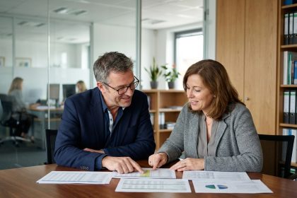 Deux professionnels en réunion d'affaires dans un bureau moderne