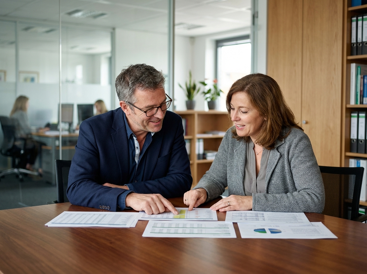 Deux professionnels en réunion d'affaires dans un bureau moderne