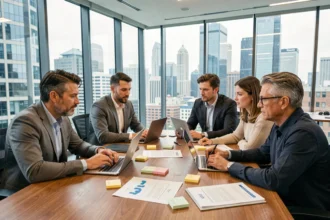 Équipe de professionnels en réunion stratégique autour d'une table de conférence pour planifier les perspectives 2026 d'Adivak