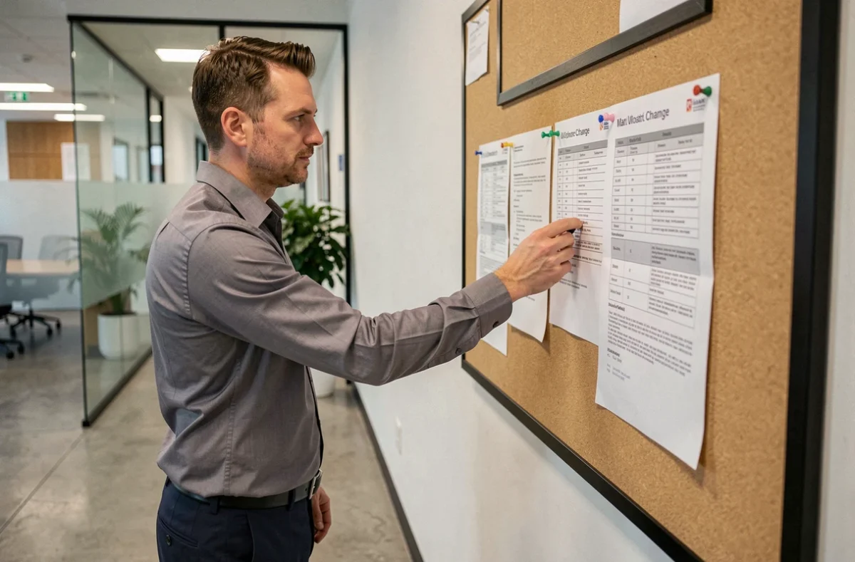 Responsable RH affichant une note de service de changement d'horaires sur un tableau d'affichage en entreprise