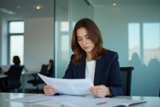 Salariée GMF consultant ses droits au comité d'entreprise lors d'une réunion en open space
