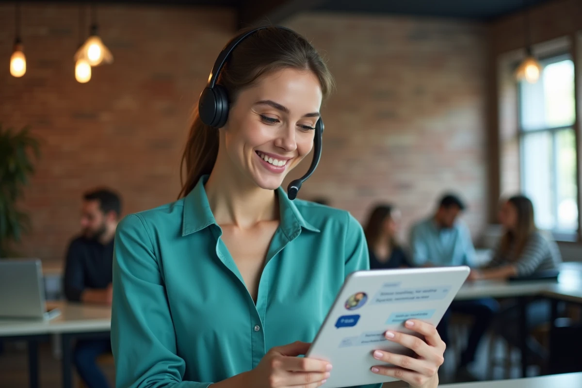Représentante du service client souriante utilisant un chat en direct sur tablette dans un espace de coworking