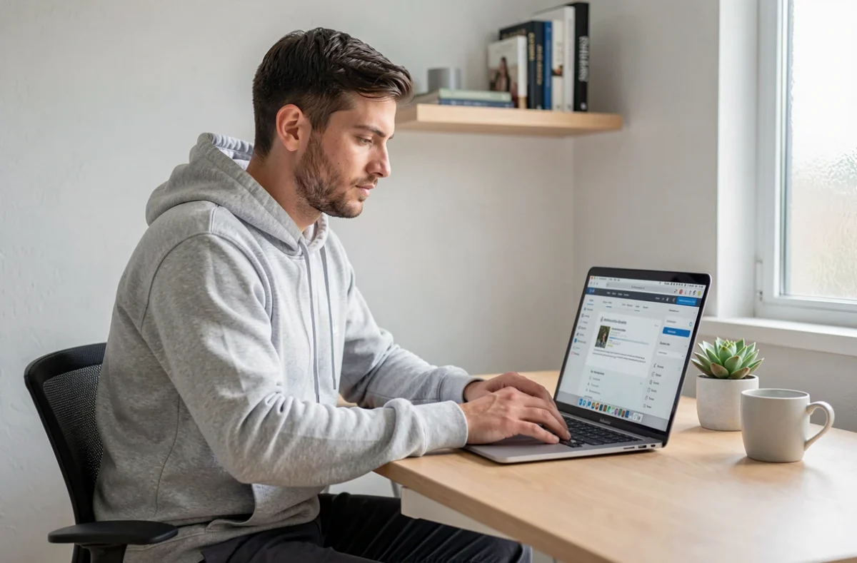 Développeur web de Simplébo travaillant sur un éditeur de site épuré depuis un bureau à domicile minimaliste