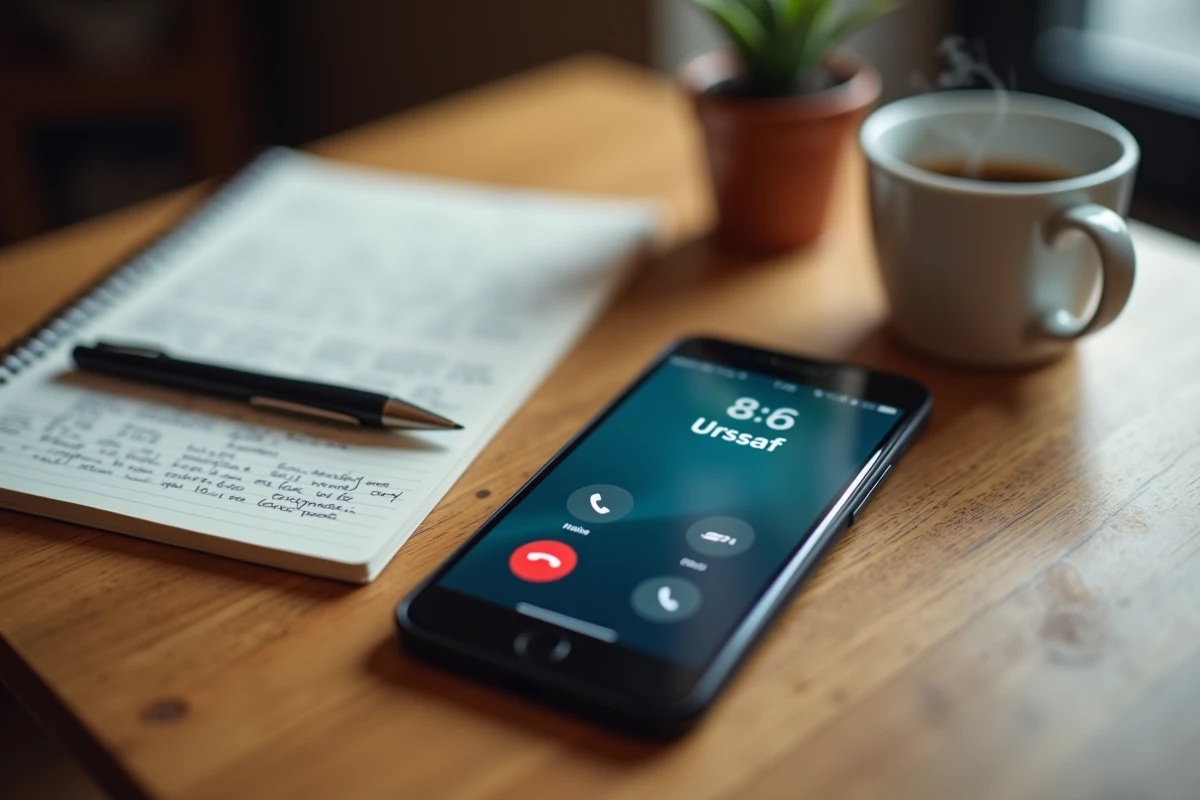 Smartphone affichant un appel en cours vers l'Urssaf posé sur une table avec un carnet de notes manuscrites