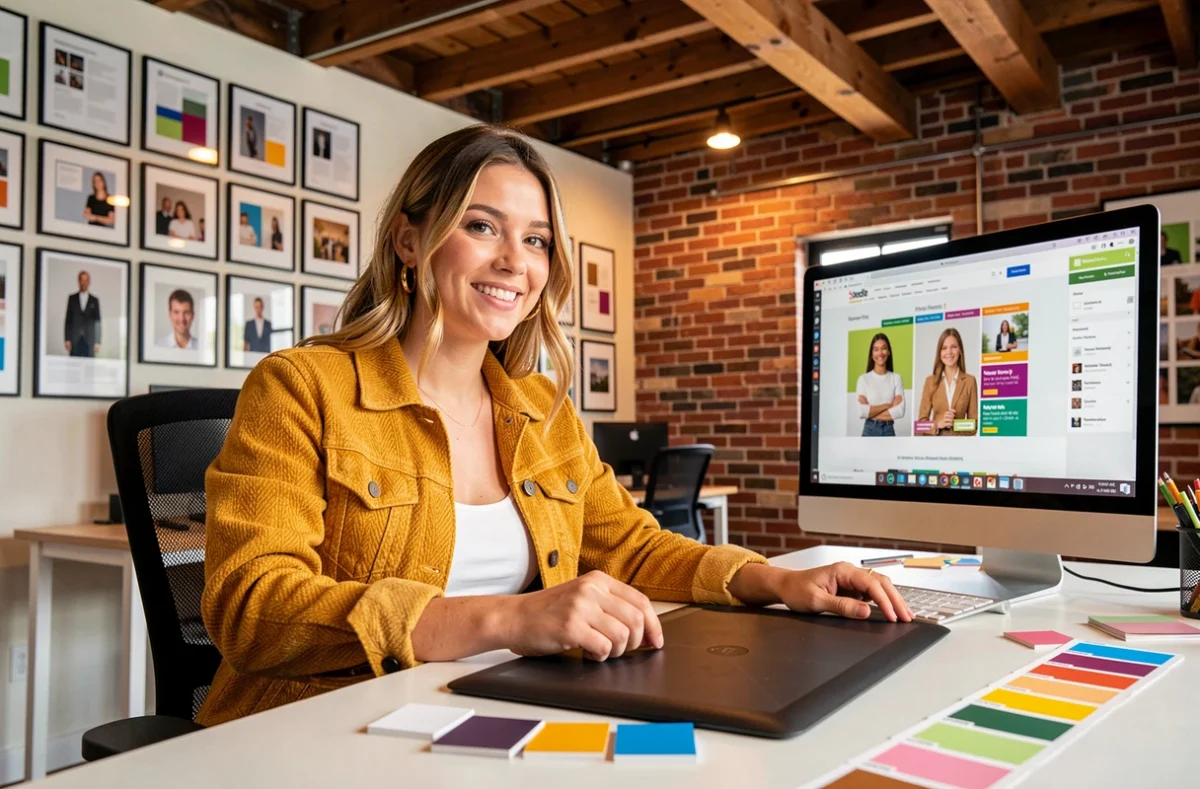 Graphiste de Sowink concevant une boutique en ligne colorée dans un studio créatif aux murs en brique et aux poutres apparentes