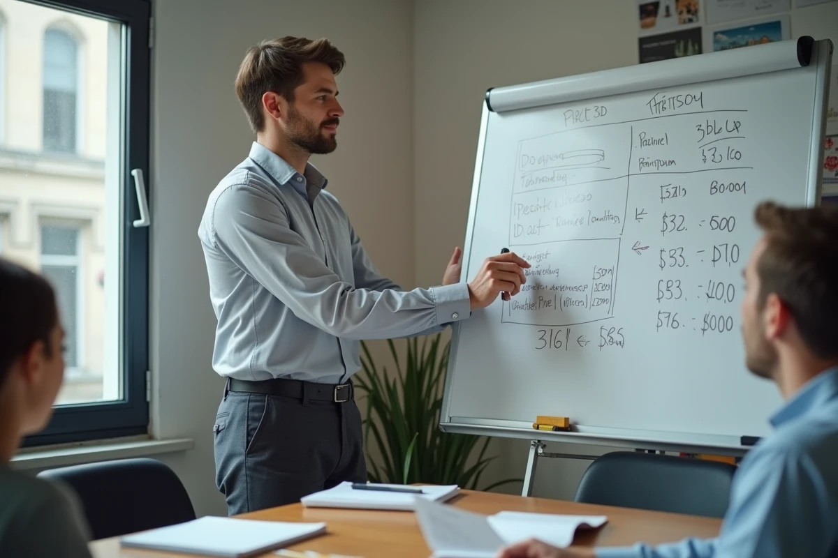 Jeune stagiaire homme devant un tableau blanc avec des chiffres de budget, représentant les différences de rémunération entre les stages 2025 et 2026