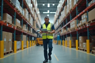 Superviseur logistique consultant une tablette dans les allées d'un grand centre de distribution avec des rayonnages chargés de palettes