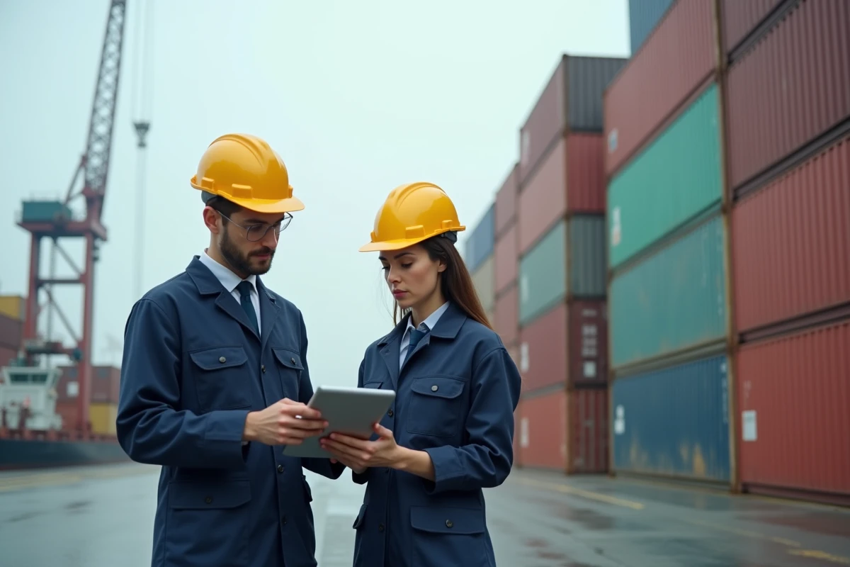 Deux superviseurs logistiques en uniforme de sécurité consultant une tablette devant une reachstacker dans un terminal à conteneurs portuaire