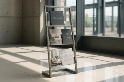 Support métallique personnalisé en exposition dans un showroom lumineux