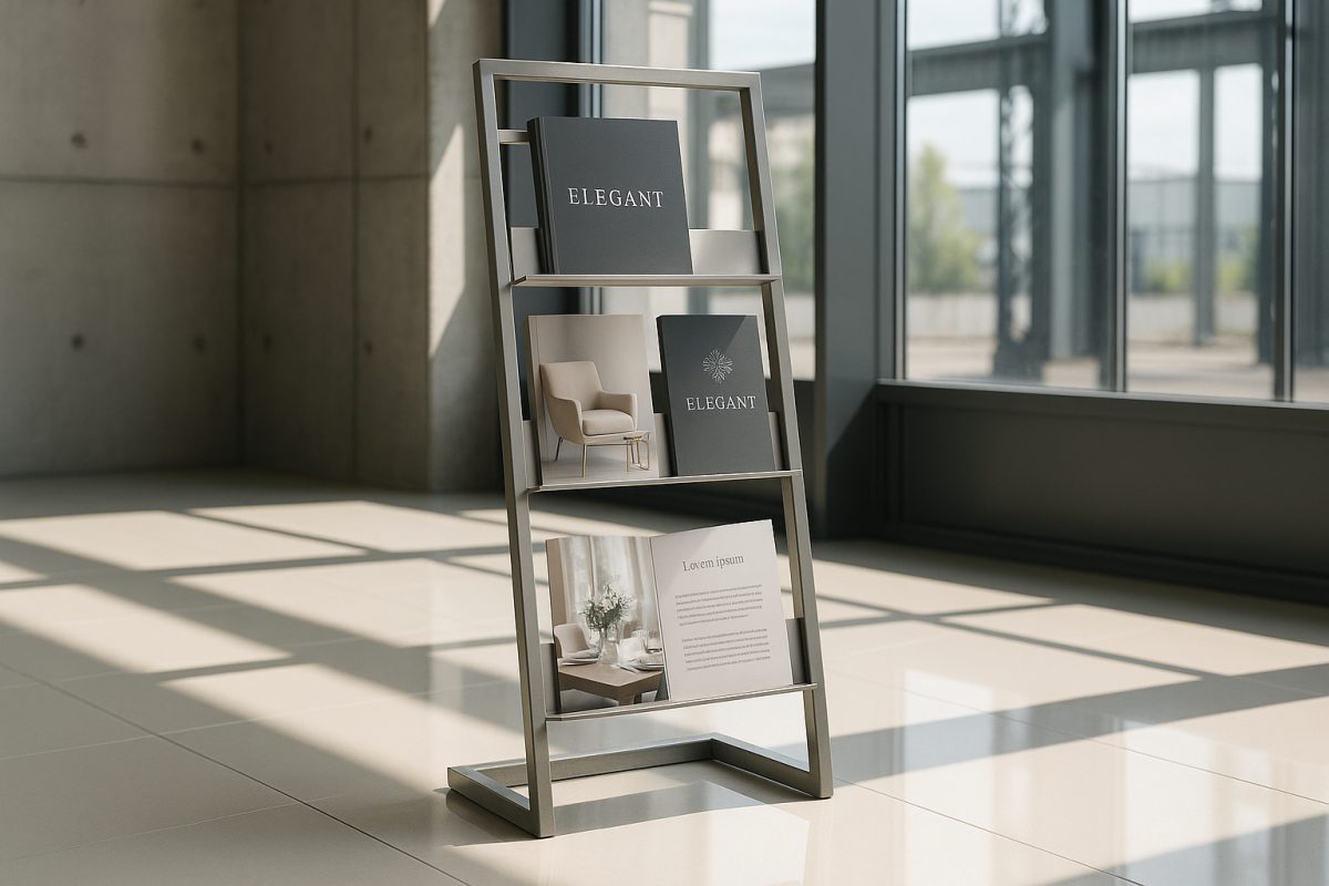 Support métallique personnalisé en exposition dans un showroom lumineux