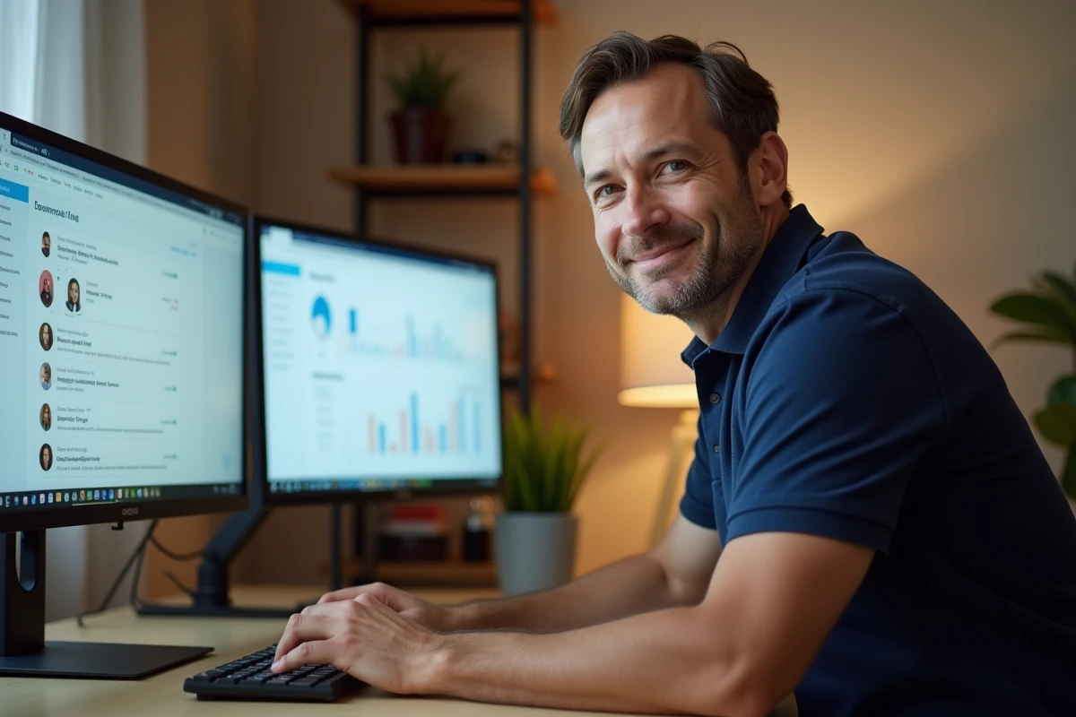 Homme d'affaires analysant des conversations clients sur un tableau de bord live chat depuis son bureau à domicile