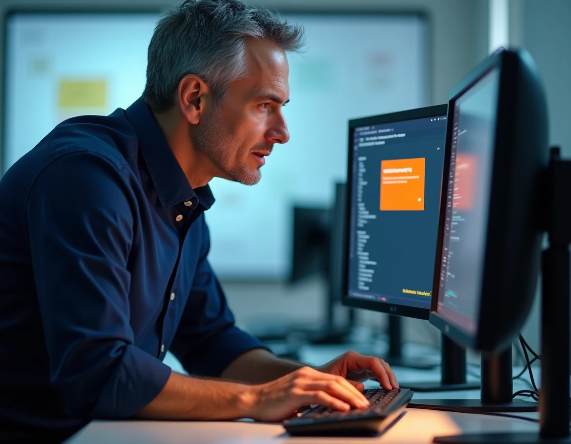 Technicien informatique analysant une erreur de connexion sur un logiciel RH avec double écran