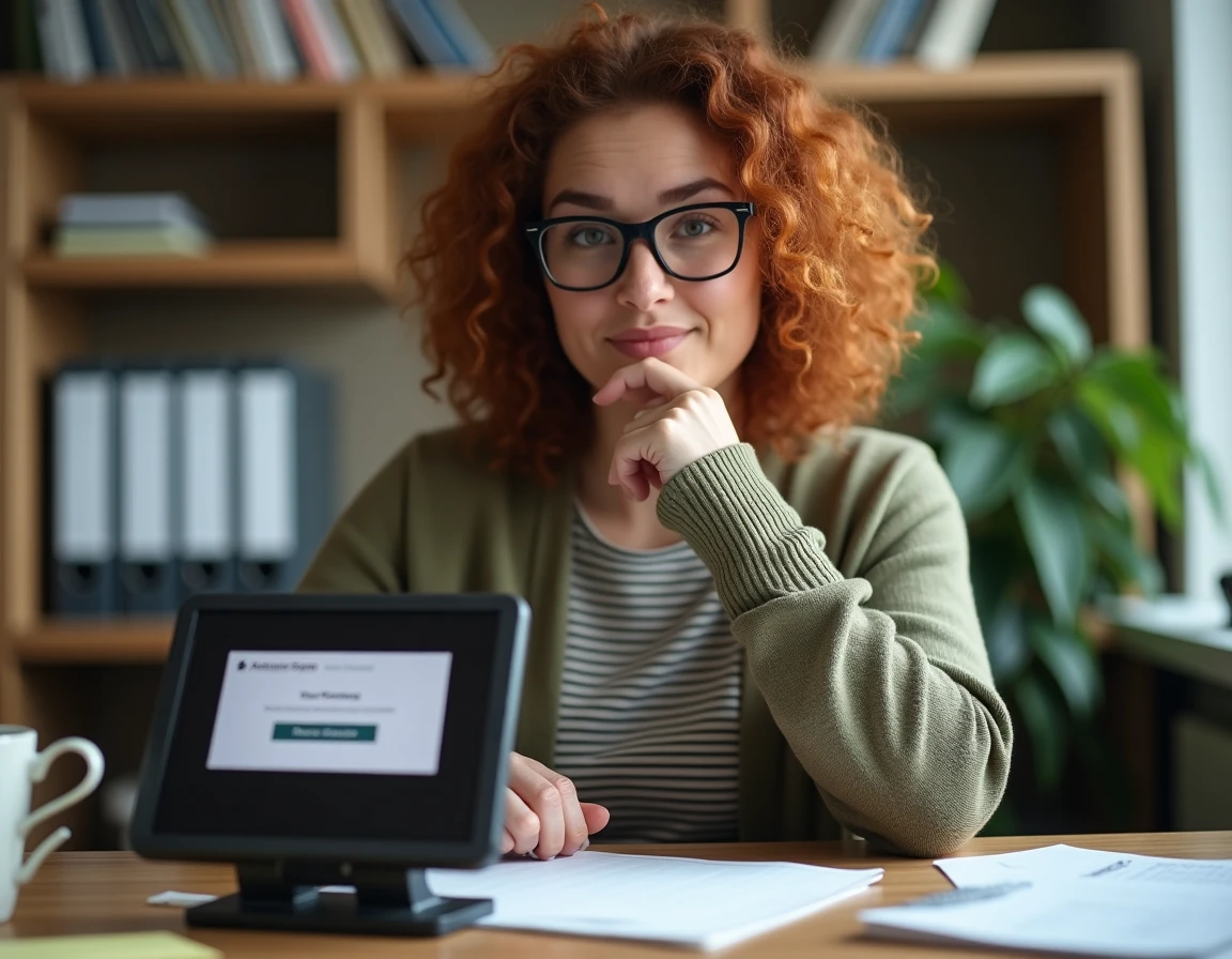 Femme en télétravail consultant un message d'erreur sur le portail RH depuis sa tablette