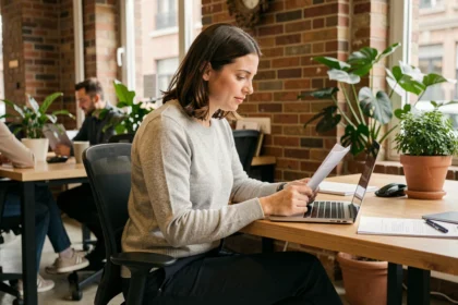 Femme testant un espace de coworking à Tours, assise à un bureau moderne avec un ordinateur portable dans un cadre convivial et professionnel