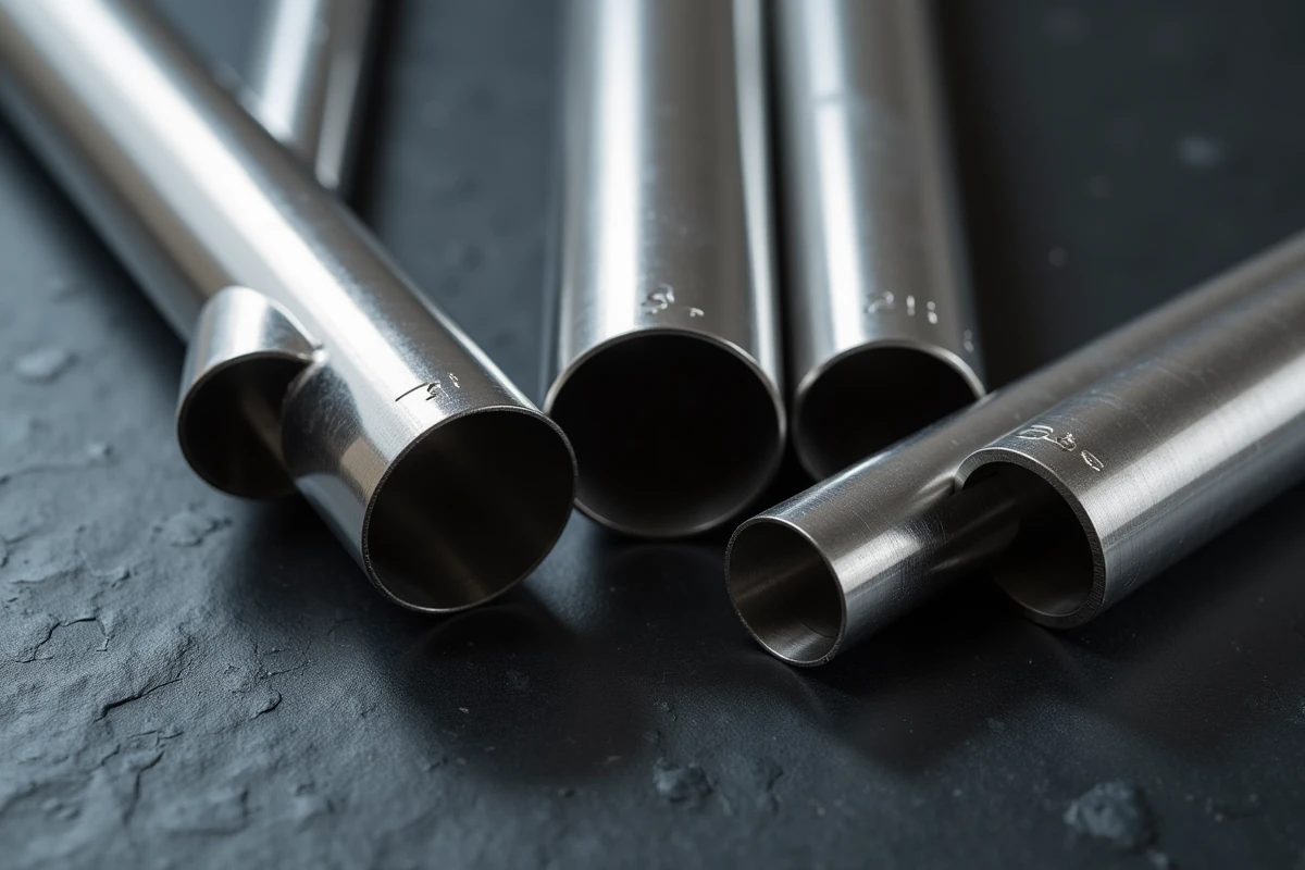 Tubes inox de différents diamètres avec marquages de grade 316L et 304 sur fond ardoise sombre