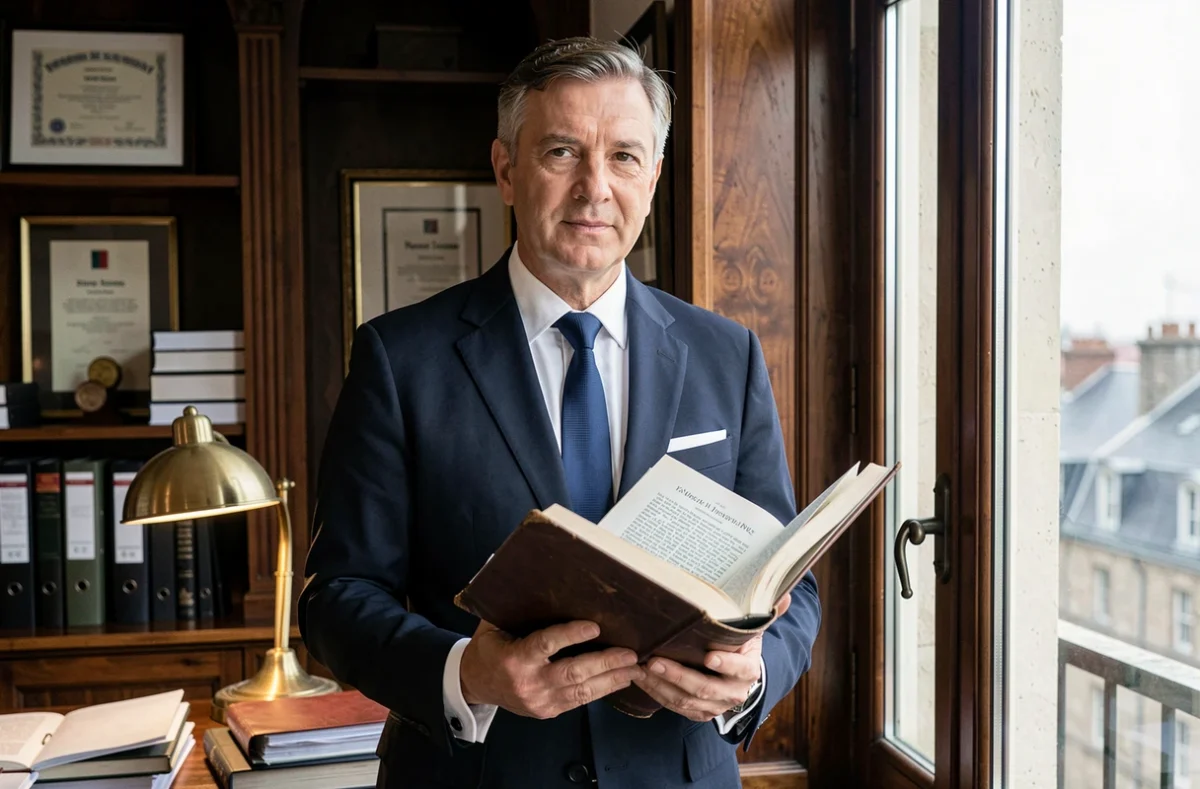 Avocat senior de Turenne Avocats à Nantes tenant un code du travail devant une fenêtre donnant sur les toits de la ville
