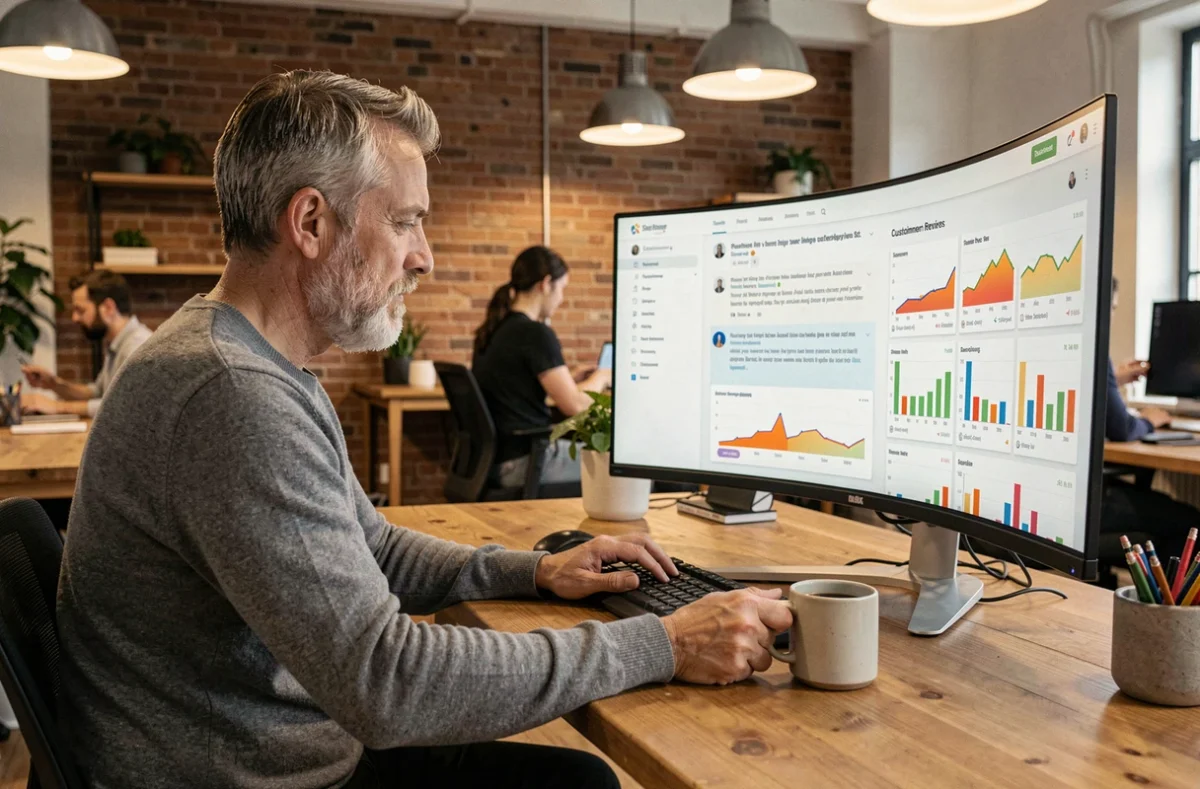 Dirigeant d'entreprise consultant des avis clients et des analyses de sentiment sur un écran dans un bureau de startup moderne